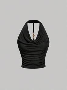 SHEIN MOD 3件套女士纯色垂褶领时尚吊带衫 - 紅色和黑色 - 查看 6