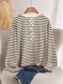 CosyJoli Suéter de punto a rayas con lazo calado en talla grande, estilo francés - Beis - Ver 1