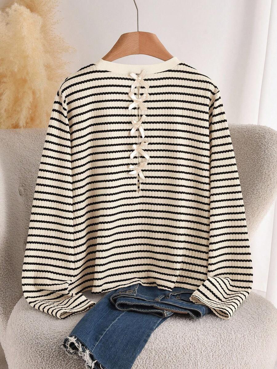 CosyJoli Suéter de punto a rayas con lazo calado en talla grande, estilo francés - Beis - Ver 1