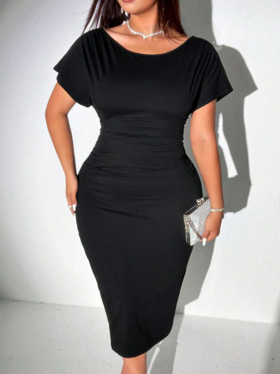 Viva Relle 大码休闲纯色紧身针织连衣裙 - 黑色 - 查看 1