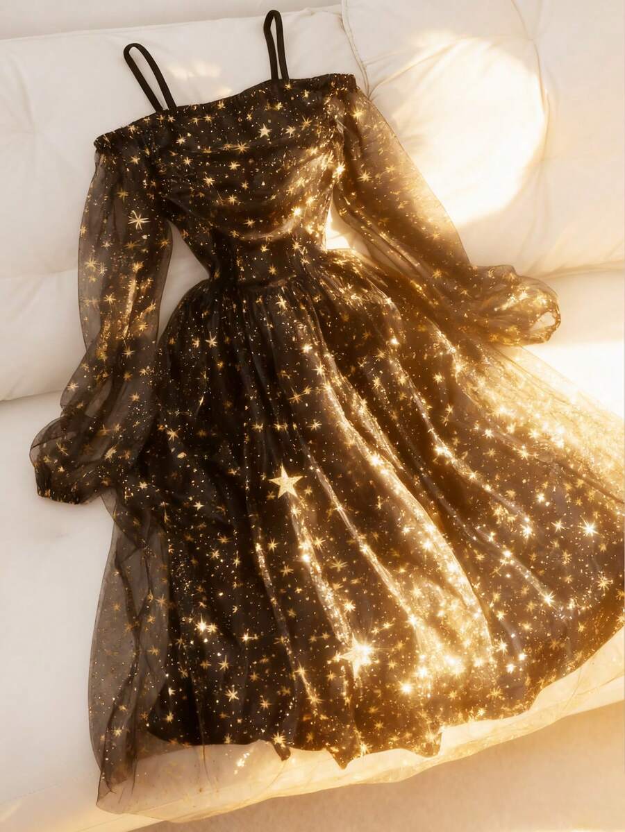 少女露肩吊带半透明长袖亮片网纱拼接褶裥腰中长连衣裙，时尚别致，适合节日、派对、万圣节、圣诞节等场合。 - 黑色 - 查看 1