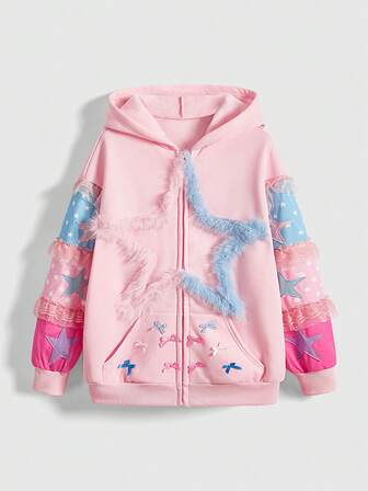 ROMWE Avant Cute Kawaii Ear Decor Contrast Color Block Star & Bow Decor Hooded Sweatshirt Sweatshirt For Women