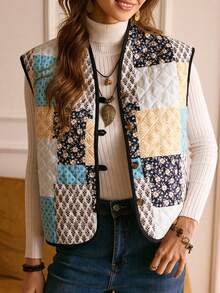 EMERY ROSE Áo vest chần bông in họa tiết chắp vá phong cách miền Tây thường ngày dành cho nữ LanaWest - Màu xanh hải quân - Xem 1