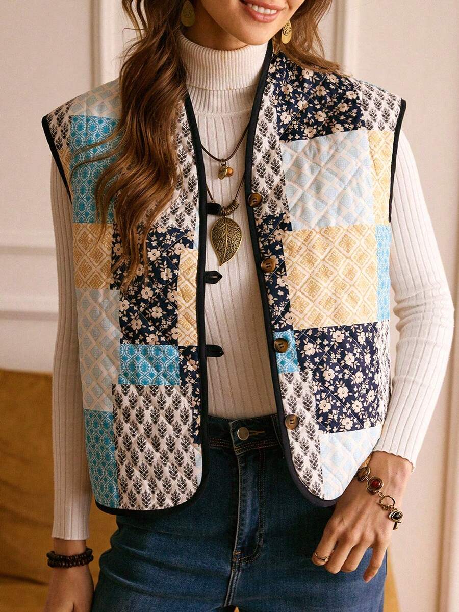 EMERY ROSE Áo vest chần bông in họa tiết chắp vá phong cách miền Tây thường ngày dành cho nữ LanaWest - Màu xanh hải quân - Xem 1