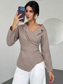 Firerie Women's Elegant New Minimalist Fashion Commuter Waist Pleated Slimming Asymmetric Hem Asymmetric Collar Long Sleeve Pullover Khaki Shirt - Khaki - View 10