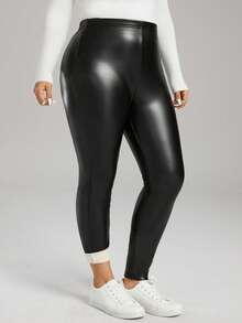 SHEIN LUNE Quần legging PU trơn màu cỡ lớn có lớp lót giữ nhiệt, ấm áp - màu đen - Xem 7