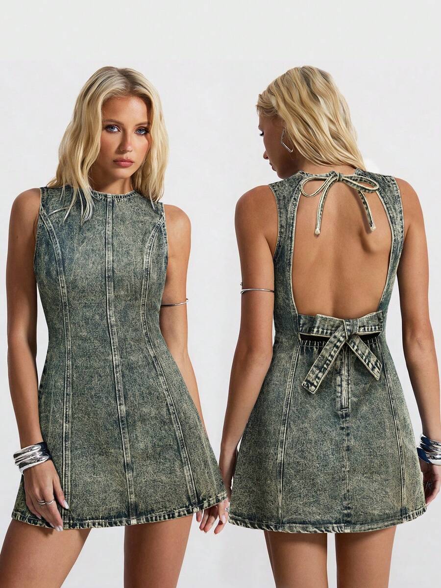 Jeanoix 女士露背蝴蝶结装饰无袖牛仔连衣裙 - 中等水洗藍 - 查看 1