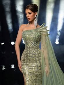 Glamrae Elegant Luxurious Beaded & Sequin Floral Asymmetric Shoulder Sexy Slit Mermaid Maxi Dress With Oversized Sleeves, Suitable For Weddings, Events, Parties, Vacations, Galas, Formal Occasions (Heavily Embellished) Gown - Grass Green - View 3