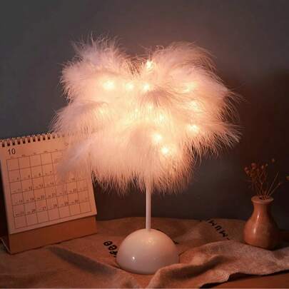 1pc Pink & White Feather Decorative LED Night Light, Warm & Romantic Desk Table Lamp Decor For Bedroom, Living Room