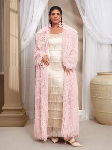 VOLUPTÉ CURVE Abrigo de piel sintética para mujer de talla grande, inspirado en el vintage con flecos de plumas esponjosas, chaqueta larga de manga larga de ajuste holgado de piel suave, moda urbana, adecuado para el Día de San Valentín, muy recomendado - Rosa Pálido - Ver 5