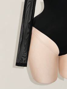 SHEIN ICON 女士镂空网眼拼接半透明连体衣 - 黑色 - 查看 5