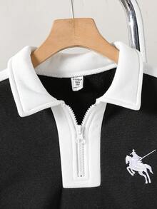 Mirajuku 2件套男童休闲撞色拉链Polo领套头卫衣套装，适合秋冬季日常穿着，可搭配外套 - 黑色 - 查看 6