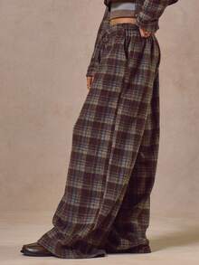 MUSERA Pantalon large à cordon de serrage en laine brossée à carreaux. Streetwear à la mode, idéal pour les sorties, le décontracté et le quotidien. Nouveau style rétro pour l'été - Marron - Voir 3