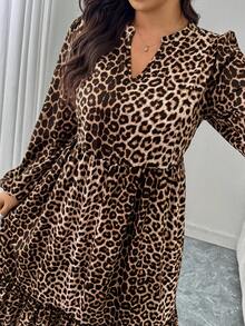 SHEIN LUNE Váy xếp nếp họa tiết da báo cổ chữ V tay đèn lồng cỡ lớn dành cho nữ - Nhiều màu - Xem 8