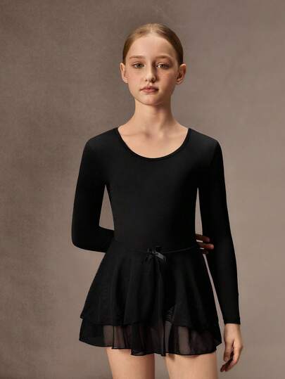 SHEIN Tween Girls Black Long Sleeve Hollow Back Ballet Leotard With Tulle Skirt, 4-Way Stretch High Stretch Ballet Dance Jumpsuit