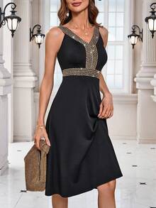 SHEIN Clasi Woven Ribbon Splicing Dress - Black - View 6