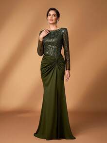 Serin Elegant Luxurious Beaded & Sequin Floral Embroidered Sheer Sleeve Twist Knot Fishtail Dress, Suitable For Weddings, Events, Bachelorette Parties, Vacations, Galas, Bridal & Mother Of The Bride Gowns - Army Green - View 6