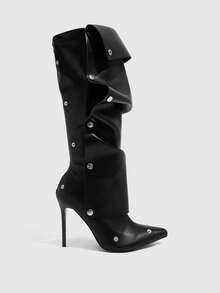 CUCCOO SZL Women's Fashion High Heel Thigh High Boots, Pointed Toe Slim Heel Ruched Tall Boots For Christmas - Black - View 7