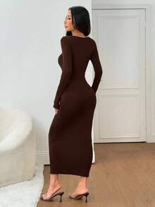 SHEIN PETITE 女士秋冬基础款针织灰色修身方领长袖连衣裙 - 棕色 - 查看 2