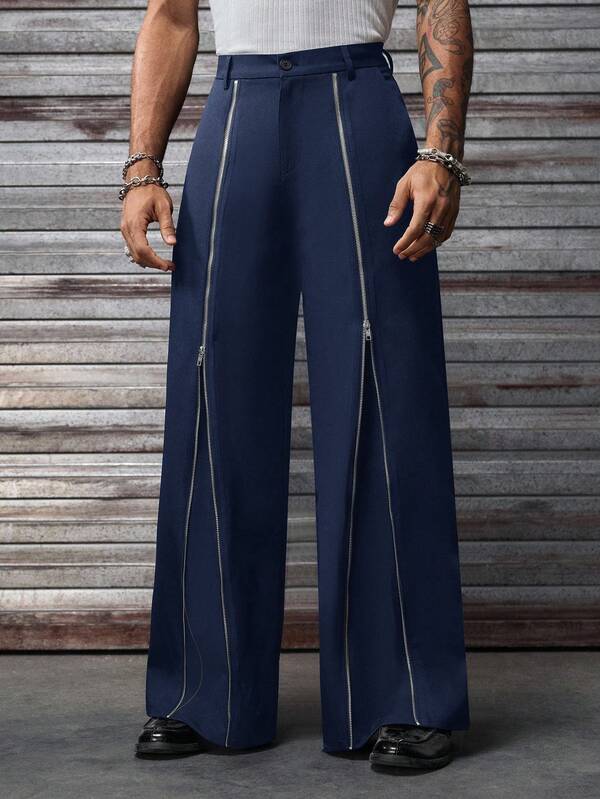 AXEPEAK Men's Casual Solid Color Zipper Pocket Wide Leg Pants, Autumn