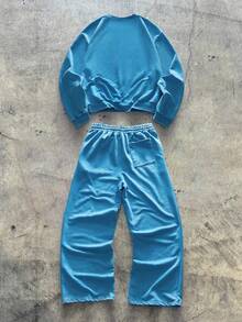 AXEPEAK 男士标准休闲套头运动服套装（2件套），蓝色水洗印花 - 藍色 - 查看 2