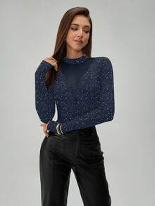 Almamuse Women's Fashion Round Neck Long Sleeve Metallic Silver Mesh Patchwork Sheer Bodysuit - Navy Blue - View 6