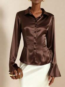 Lyxana Solid Color Front Button Satin + Waist Cinched Basic Blouse - Coffee Brown - View 3