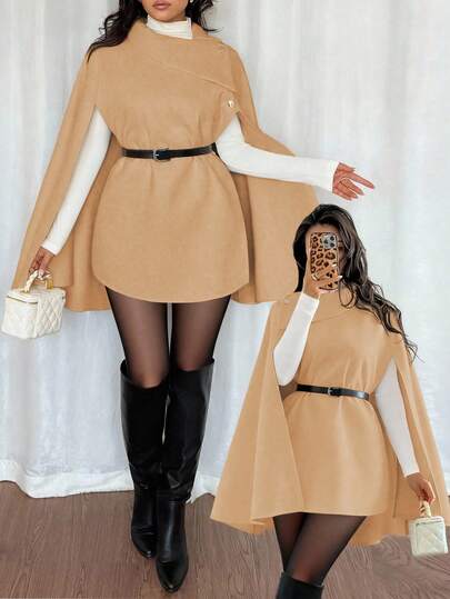 Islaluna Elegante abrigo capa de solapa de color beige con cinturón negro en la cintura, para otoño/invierno