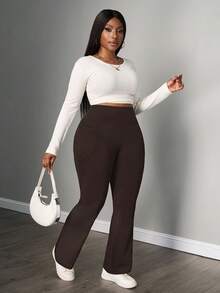 SHEIN PETITE CURVE 大码女式秋冬返校休闲家居服瑜伽舒适户外纯黑色针织松紧腰高腰口袋喇叭裤，带口袋的紧身裤 - 棕色 - 查看 5