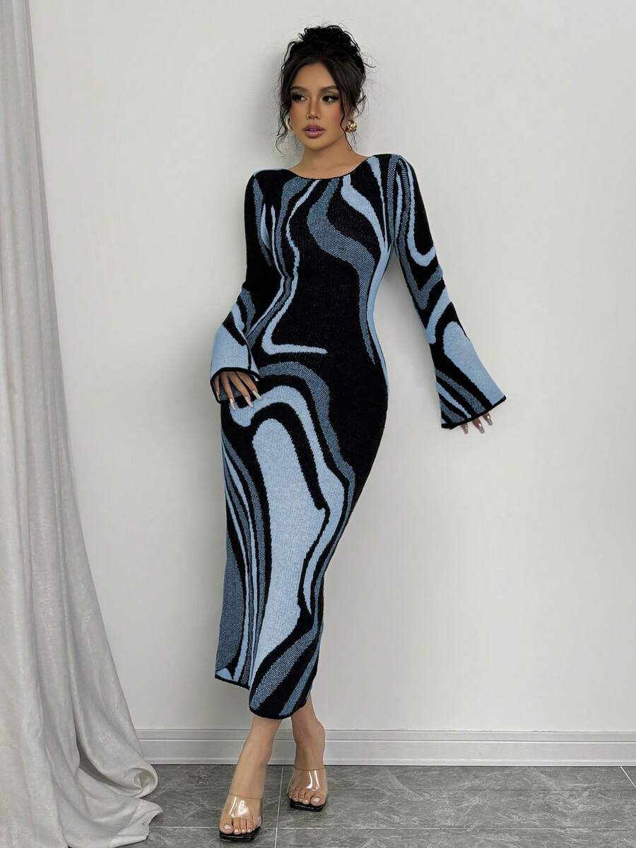 Elenzga Women's Fashion Commuter Color Block Bodycon Waist Knit Dress - Blue - View 1