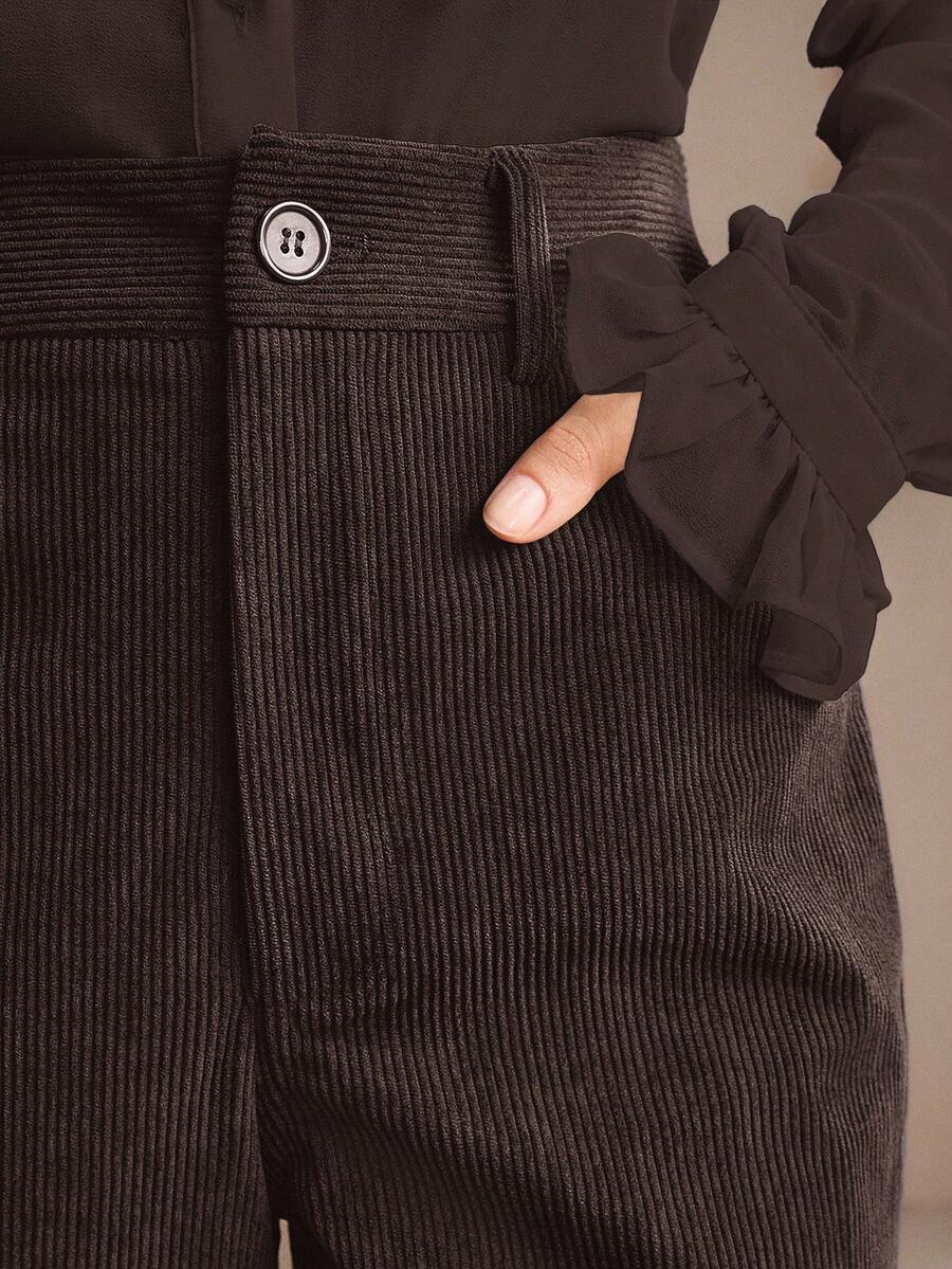 Anewsta Women's Coffee Brown Corduroy Trousers With Rivet Pockets, Elegant Business Casual Flare Pants For Autumn/Winter - Coffee Brown - View 1