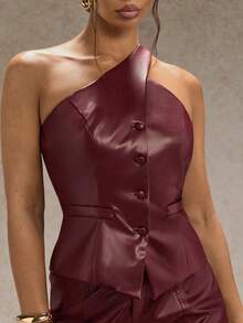 SHEIN Glamour 女士勃艮第无袖 PU 皮革休闲优雅度假夹克，适合圣诞节、万圣节和派对场合 - 酒紅色 - 查看 6
