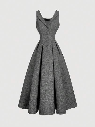 SHEIN MOD Collared Button Front Waist Cinched Mid-Length Dress, Dark Grey,Dresses For Women Elegant Classy Dress Formal Midi Dress