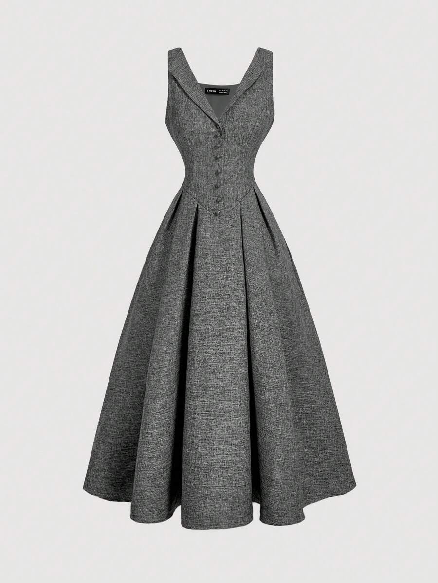 SHEIN MOD Collared Button Front Waist Cinched Mid-Length Dress, Dark Grey,Dresses For Women Elegant Classy Dress Formal Midi Dress - Dark Grey - View 1