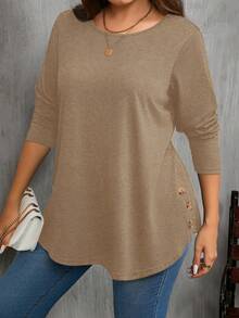 SHEIN Clasi Camiseta de manga larga casual de unicolor talla grande, otoño - Caqui - Ver 3