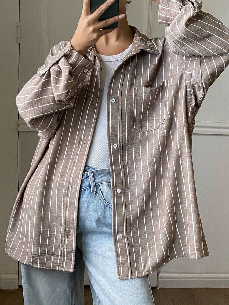 Women's Turndown Collar Long Sleeve Striped Loose Casual Shirt