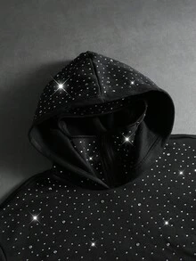 Manfinity EMRG 男士纯色长袖双层连帽卫衣（随机水钻装饰），秋冬季水钻黑色印花连帽衫，保暖内衬 - 黑色 - 查看 8