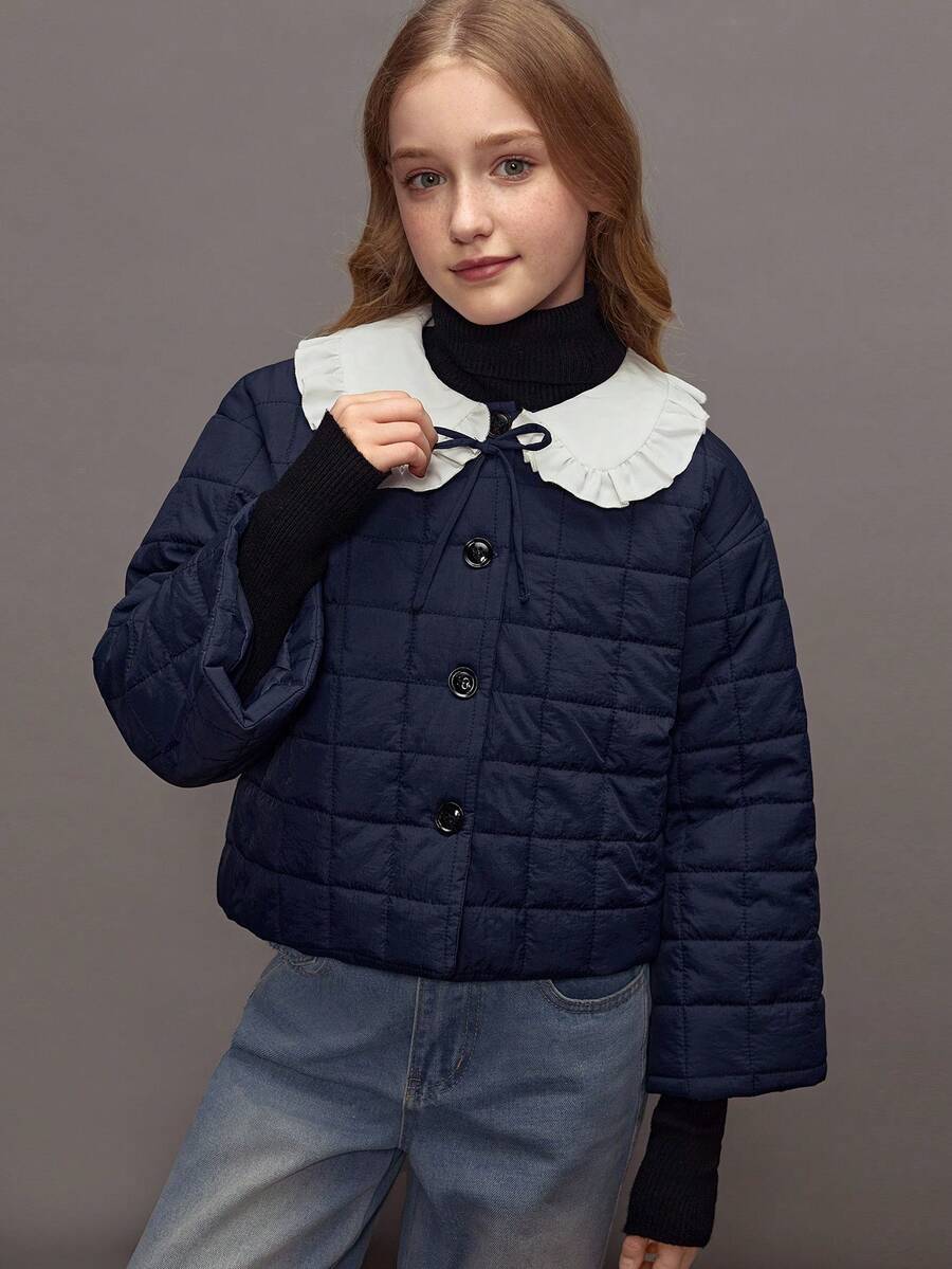 Sparklyn Deep Blue Girls' Padded Coat, Featuring A Fashionable Diamond QuiltingCraftsmanship, Paired With A Cute Ruffled Collar Design, Which Is Warm And Full OfChildlike Fun. Moderate Thickness And Down-Filled Material Make It An Ideal Choice For Girls' Daily Wear Or School Life In Autumn And Winter Seasons. - Blue - View 1
