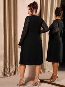 Cravure Plus Size Black Lace Patchwork Round Neck Long Sleeve Casual Dress, Autumn/Winter - Black - View 2