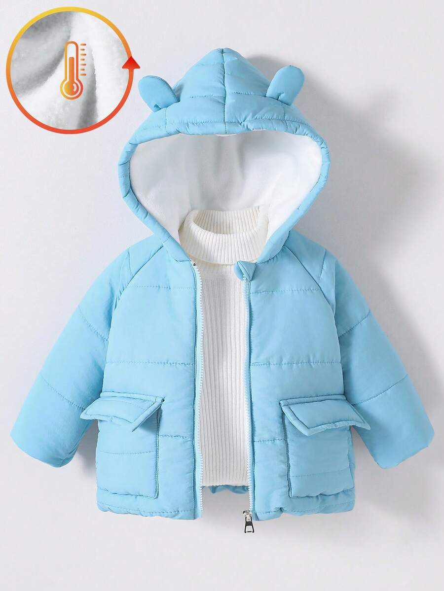 SHEIN Playful Pals 男婴幼儿0-3岁日常休闲百搭保暖抓绒熊耳连帽衫外套，秋冬季 - 藍色 - 查看 1