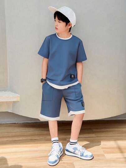 SHEIN Mirajuku 2pcs Tween Boy Letter Print Crew Neck Short Sleeve T-Shirt And Shorts Casual Set