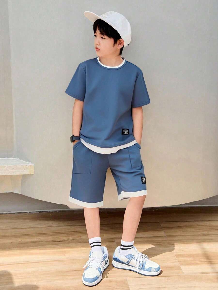SHEIN Mirajuku 2pcs Tween Boy Letter Print Crew Neck Short Sleeve T-Shirt And Shorts Casual Set