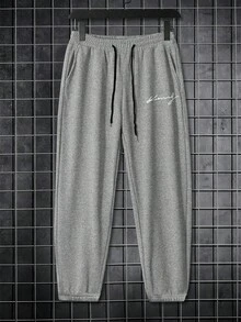 Manfinity Homme Pantalones de chándal casuales de unicolor con cordón en la cintura para hombres - Gris Claro - Ver 3