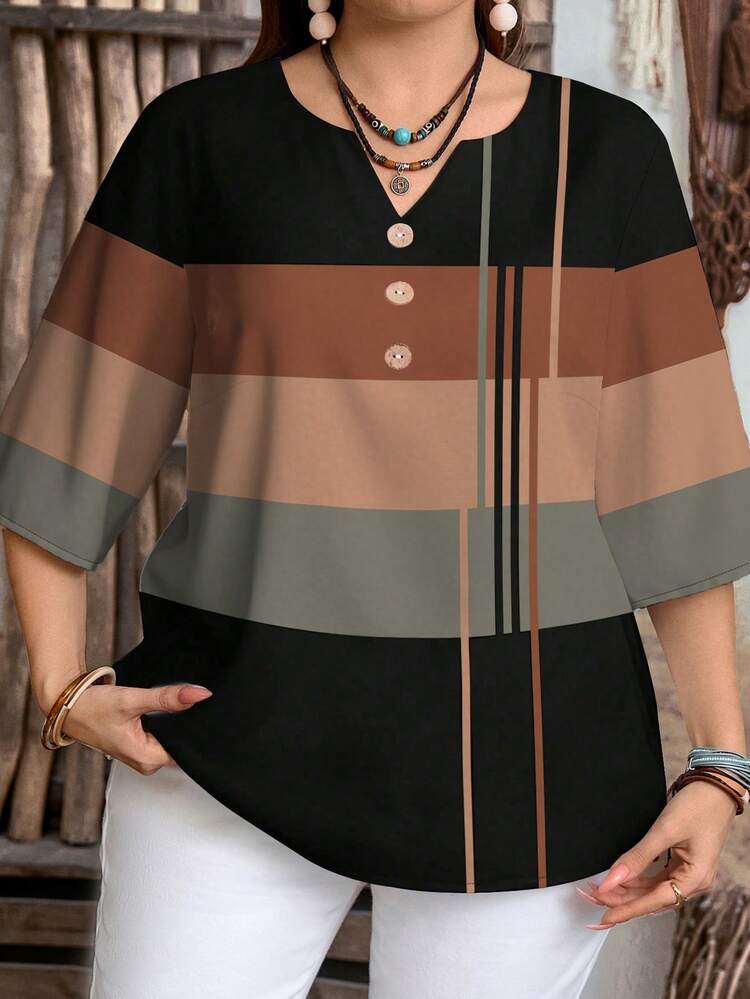 EMERY ROSE Camisa Casual Minimalista Plus Size, Adequada para o Verão - Multicolorido - Visão 6