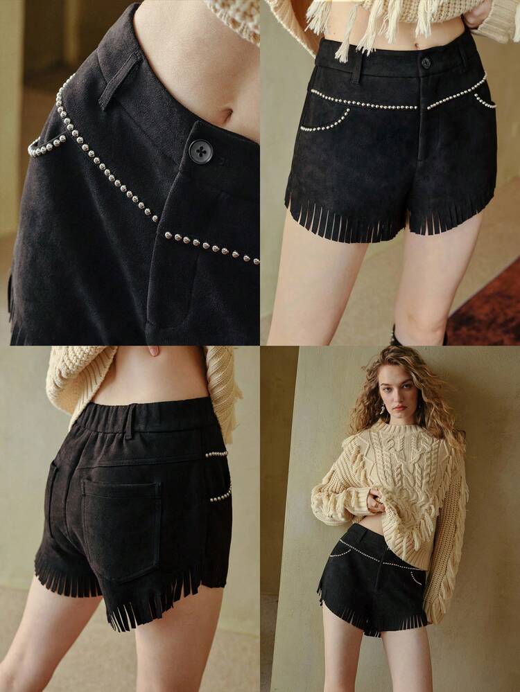 MOTF STUDIO SUEDE RIVET FRINGE BOHEMIAN BOHO SHORTS