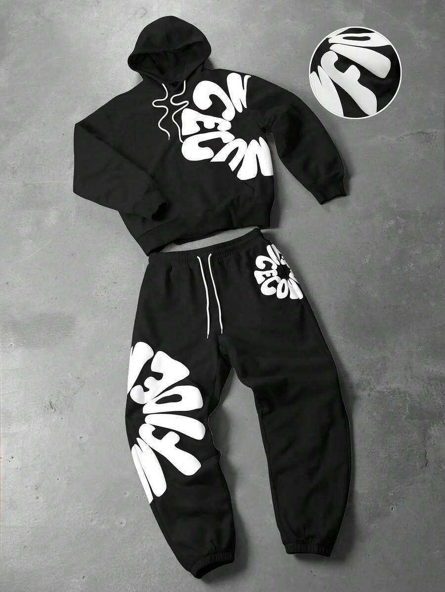 PAVTROS 男士字母印花连帽衫和运动裤套装 男士两件套，秋季服装