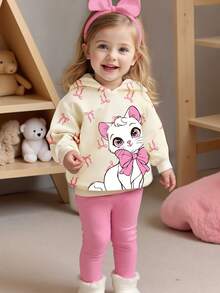 SHEIN 2pcs Baby Girl Casual Chic Cute Bow & Kitty Print Hooded Sweatshirt And Pink Leggings Set, Suitable For Autumn/Winter, Daily, Indoor And Outdoor Wear