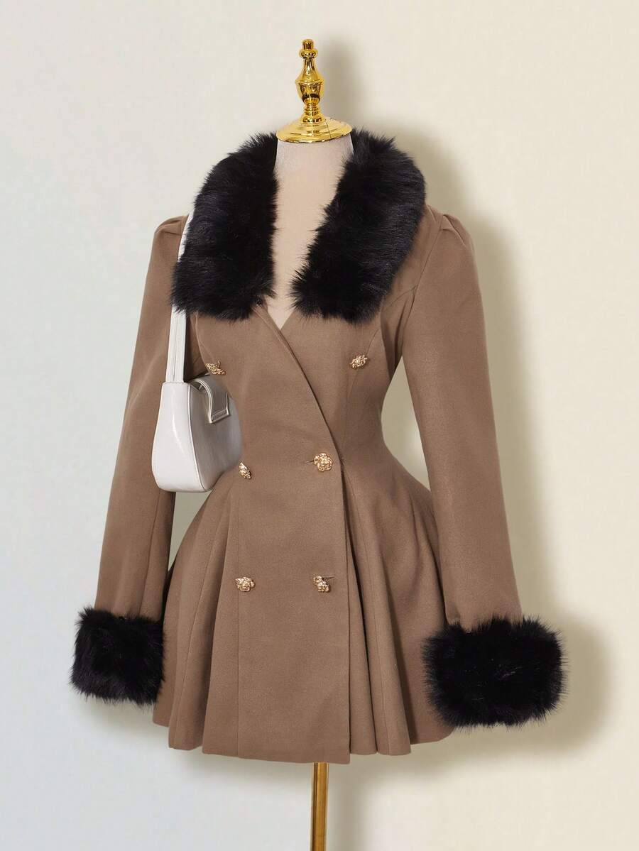SHEIN ICON 女士毛绒拼接双排扣长袖外套，秋冬款 - 棕色 - 查看 1