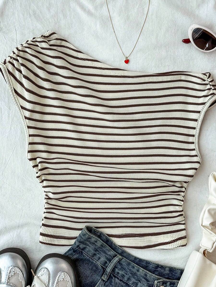 Teen Girls' Solid Color Crew Neck Fitted Casual Cropped Long Sleeve T-Shirt - Beige - View 1