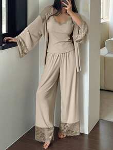 DAZY 3pcs Lace Patchwork Robe, Camisole & Pants Women Sleepwear Pajama Set, Fall & Winter Clothes - Grey - View 4